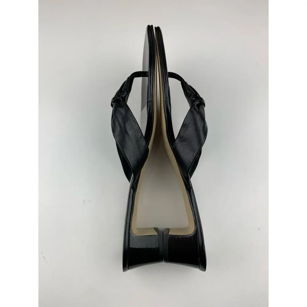 Franco Sarto Plush Sandals Slip On Black Leather Thong Heels Women's 8.5